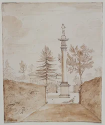 Chiswick, utsikt over den doriske søylen med Venus de Medici-statuen, og et glimt av siden av hjortehuset (penn og blekk på papir)