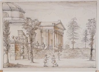 Chiswick, utsikt over villaen fra Palladio-statuens side (penn og blekk og vask over blyant på papir)