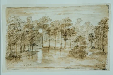 Design for skogvannhagen, sett i måneskinnet (penn og blekk og vask over blyant på papir)