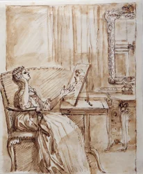 Lady Burlington sitter i hagerommet sitt og beundrer en gammel mester (?) tegning (penn og blekk på papir)