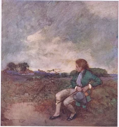 Her mens jeg tar mine ensomme runder, midt i dine floketurer og ødelagte grunner (farge litho)