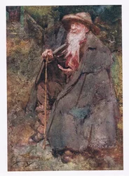 Den lenge huskede tiggeren var gjesten hans, hvis skjegg som falt ned feide hans gamle bryst (farge litho)