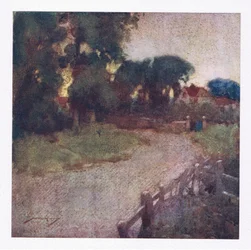 Der hvor noen få revne busker stedet avslører, landsbypredikantene beskjeden herregårdsrose (farge litho)