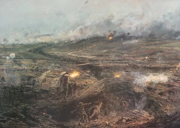 'Dawn, 20th November 1917' - Britiske stridsvogner ruller i aksjon ved Cambrai, Frankrike