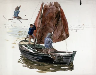 En mann og en gutt om bord i en liten seilbåt. Akvarell