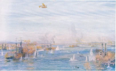 Bombarding the Narrows, 18. mars 1915, fra Cassells History of the British People utgitt av Waverley Book Company Limited, ca. 1940