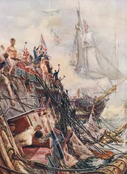 Skadet, men uovervunnet: Belleisle ved Trafalgar 21. oktober 1805, illustrasjon fra «British Battles on Land and Sea», utgitt av Cassell, London, ca. 1910