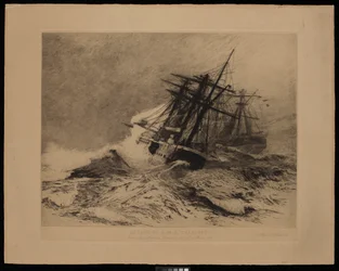 HMS Calliopes rømning fra Apia havn i Samoa, 16. mars 1889 (etsing)