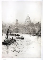 Skipsfart og måker under St. Pauls (akvarell)
