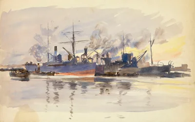 Skisse av handelsskip i havn, sent på 1800-tallet til tidlig på 1900-tallet (akvarell)