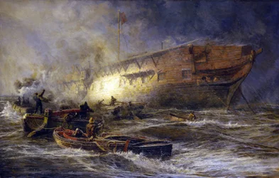 Fregatten «Leonidas», som ligger for anker nær Upnor på Medway (England), manøvrerer mot stormen og solen. Olje på lerret