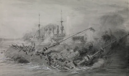 Den siste av «Scharnhorst» og «Gneisenau»; slaget ved Falklandsøyene, 8. desember 1914, ca. 16.15, ca. 1915–18 (vasket, grå, forhøyet med hvitt)
