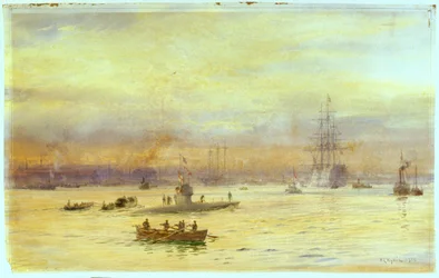 Denne utsikten ser opp over havnen på Gosport-siden der en ubåt kjører inn, med en annen foran den.
