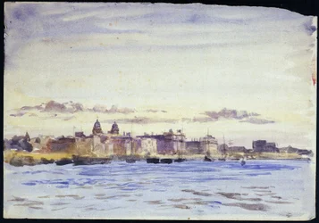 Utsikt over Royal Naval College i Greenwich (England) ved Themsen ved solnedgang, tatt fra Blackwall (motsatt bredd). Akvarell, tidlig på 1900-tallet, av William Lionel Wyllie (1851–1931).