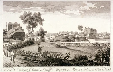 Vestutsikt over Chelsea Bridge, London, c1760
