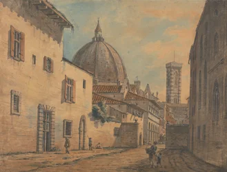 En gate i Firenze med Duomo og Campanile i bakgrunnen