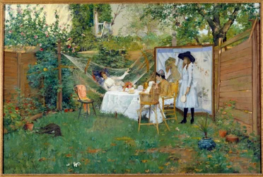 Frokost utendørs rundt 1888 Unge kvinner i en hage, en av henne er i en hengekøye. Maleri av William Merritt Chase (1849-1916) 1888 Toledo. Museum of Arts
