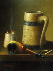 Stilleben med pipe, krus og fyrstikker (olje på lerret)