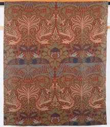 Påfugl og drage, håndvevd kypertforheng, Morris & Co., 1878