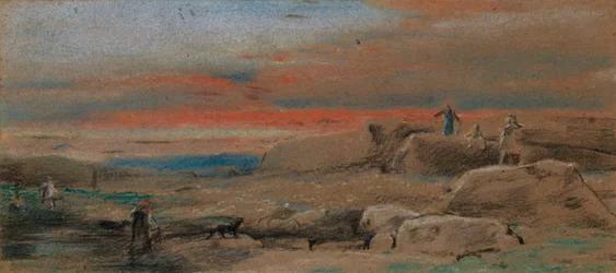 Figurer blant klipper ved solnedgang