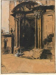 Døråpningen til det gamle Ashmolean Museum, Oxford (penn og blekk, svart kritt og vask med hvit forhøyning på kalkerpapir)