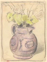 Vase med blomster: gule krysantemum i en glansmugge (svart og farget kritt på papir)