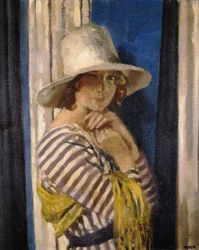 Fru Hone i en stripet kjole, ca. 1912