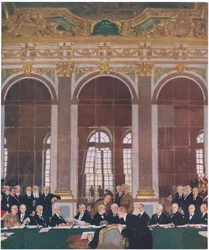 Undertegner fred i Hall of Mirrors, Palace of Versailles, 28. juni 1919, fra Cassells History of the British People utgitt av Waverley Book Company Limited, ca. 1940