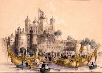 Ombordstigning av Høyre Hon. Lord Mayor ved Tower of London (litho)