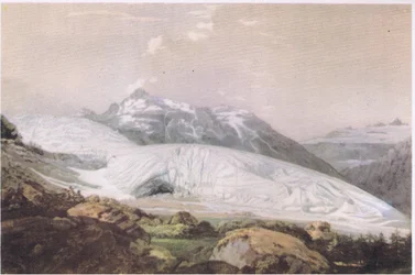 Utsikt over Mount Furka med Rhone-breen, fra British Adventure utgitt av Collins, 1947