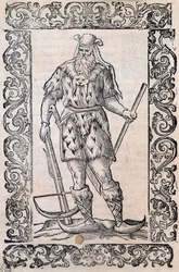 Mann med pelskjole, armbrøst og sko med vridd spiss (eksempel på rudimentære ski), illustrasjon tilskrevet Cesare Vecellio (1521-1601), utgitt i Italia på 1500-tallet