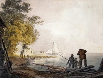 Cowes Castle med båtmenn på stranden (akvarell)