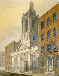 Nordøstutsikt over Church of St Peter-le-Poer og Old Broad Street, City of London, 1815