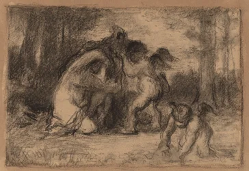 Skoglandskap med Putti som hjelper en kvinne med å kle av seg