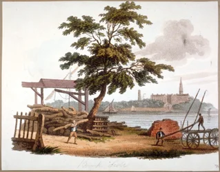Men flyttet tømmer ved Bankside, Southwark, London, c1810