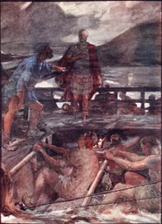 Cæsar og piloten, illustrasjon fra «Plutarch#39;s Lives for Boys and Girls», gjenfortalt av WH Weston, London ca. 1910 (fargelitografi)