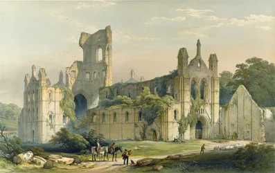 Kirkstall Abbey sett fra nord-vest. - Fra 'Monastic Ruins of Yorkshire', gravert av H. Hawkins