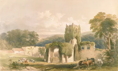 Mount Grace Priory, kirkens eksteriør, fra «The Monastic Ruins of Yorkshire», gravert av George Hawkins (1819-52), 1842