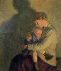 Mor og barn: Stearinlys (olje på lerret)