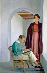 Kunstnerens sønn og hans kone eller to figurer i et interiør, ca. 1930-35 (olje på lerret)