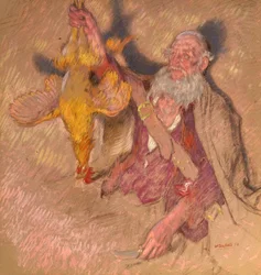 Studie av en mann som holder en hane for Highland Raiders, 1918 (olje på papir)