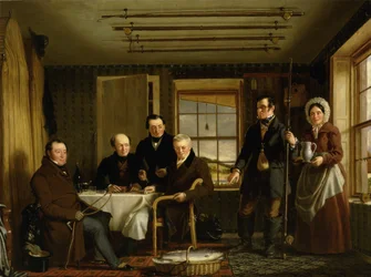 Diskuterer en fangst av laks i en skotsk fiskehytte, ca. 1840 (olje på lerret)