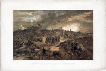 Krimkrigen (1853-1856): episode av beleiringen av Sebastopol (Ukraina), franske tropper blant ruinene etter å ha tatt Malakoff-tårnet, 8. september 1855 (Etter inntakelsen av Malakoff 8. september 1855) - Litografi av William Simpson (18