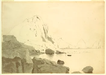 Tegning, utsikt over Capri, Italia, som viser sørkysten og Faraglione, ca. 1865