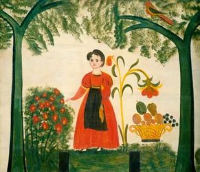 Jente i rødt med blomster og en distelfink, ca. 1830 (olje på tre (ildplate))