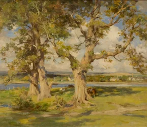 Three Trees by a River (olje på lerret)