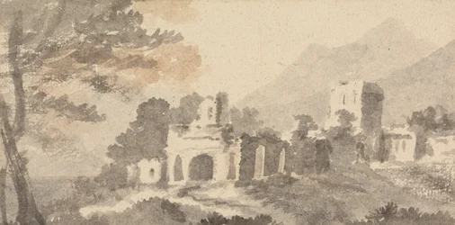 Italiensk landskap med ødelagt slott