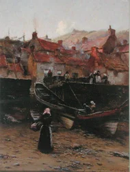 Quayside ved Staithes, Yorkshire (olje på lerret)