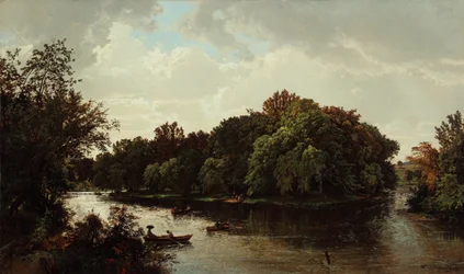 Innsjøscene, båtliv 1861 (olje på lerret)