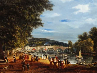 En utsikt over Richmond Bridge med båter på elven og figurer som promenerer,